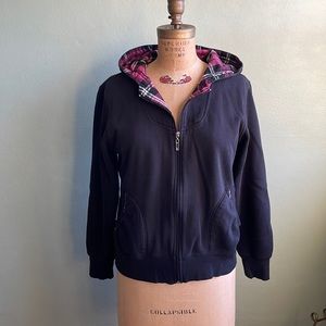 Great Northwest black hoodie with purple plaid contrast